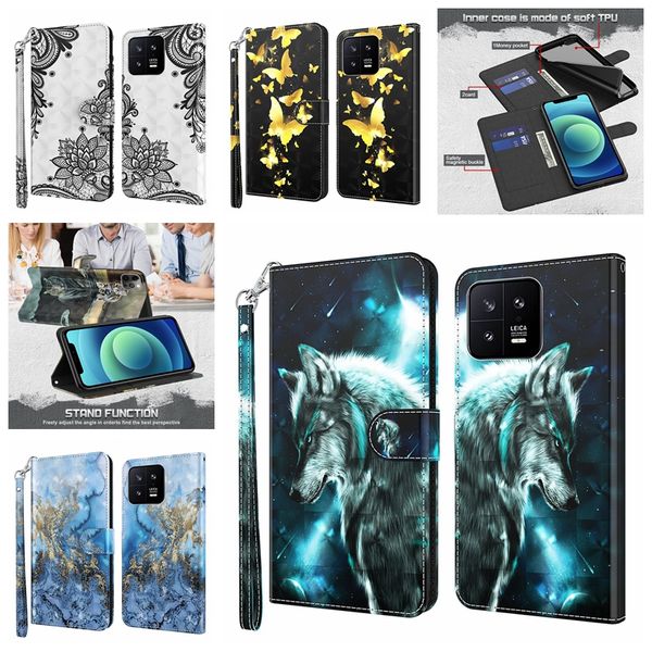 Custodie a portafoglio in pelle lupo 3D per Xiaomi 13 Mi13 Pro Samsung S23 Ultra Plus A14 5G A54 A24 A34 Pizzo Farfalla Fiore Panda Uccello Flip Cover Aniaml Custodia per supporto