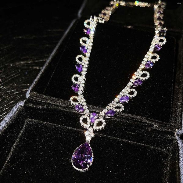 Ketten Hohe Qualität Original Design Damen Amethyst Anhänger Ozean Herz Halskette Carbon Diamant Luxus Schmuck Geschenk Jahrestag