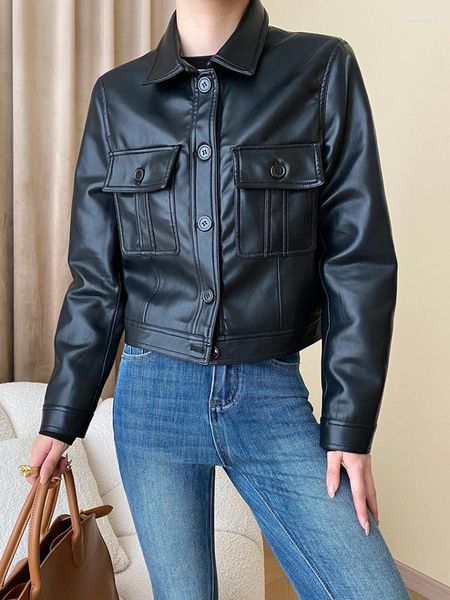 Damen Leder einfache Motorradjacke für Frauen Frühling Herbst 2023 Trend Doppeltasche Design schwarze PU abgeschnittene Jacken