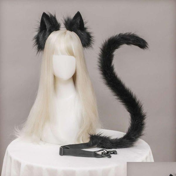 Outros acessórios de moda Halloween Mulheres Plush Cat Orelhas Cauda Lolita Kawaii Headband Simation Animal Headwear Acessórios Cosplay Prop Dhwqd