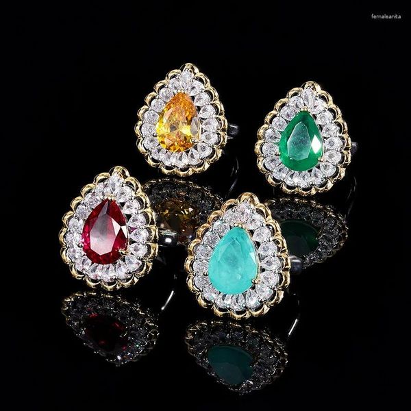 Cluster Ringe Exquisite Wassertropfen Paraiba Turmalin Resizable Weibliche S925 Silber Lab Smaragd Zirkon Zwei Ton Gold Feine Schmuck Geschenk