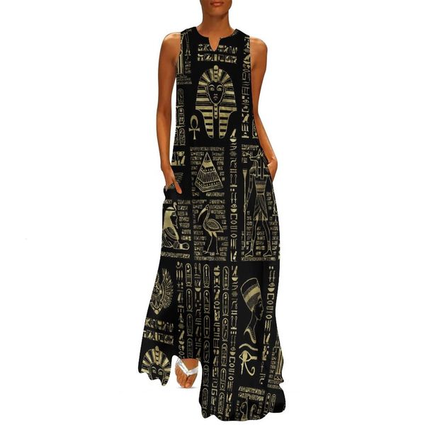 Lässige Kleider Retro -Buchstaben Druckkleid ägyptische Hieroglyphen Vintage Maxi Kleid Ästhetik Böhmen lange Kleider Sommer gegen Nackenmuster großer Größe 230413