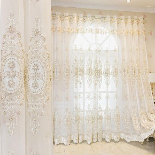 Tenda Stile Europeo Perle Di Lusso Ricamate Tende In Tulle Per Soggiorno Francese Chic Fiori Ricamo Tende Trasparenti Camera Da Letto