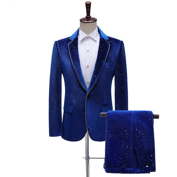 Erkekler takımları blazers kraliyet mavi kadife smokin takım elbise erkek düğün damat elbise pantolonlar erkekler bir düğme yaka yemeği parti kostümü 231113