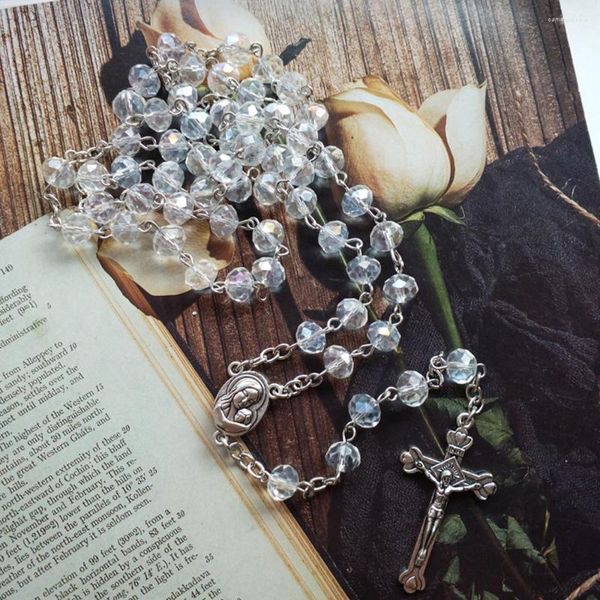 Colares pendentes Cottvoour Lady Virgin Mary Medalha Cathal Cathifix Cruz Cruz Cristal Cristal Branco Prays Chain Chaplet Chaplet