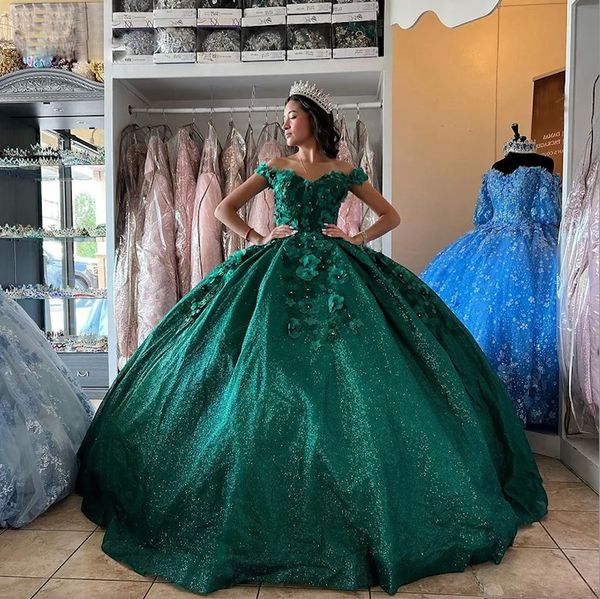 Twinkle Quinceanera Kleider Dunkelgrünes Glitzer-Bonbon-15-Kleid, handgefertigte Blumenperlen, Teenager-Mädchen-Geburtstagsfeierkleid