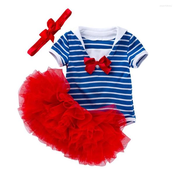 Set di abbigliamento Set di vestiti per neonata Completo per il Giorno dell'Indipendenza Papillon Tutina a righe Pagliaccetto Tutu Gonna Primo compleanno