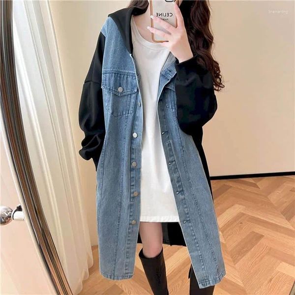 Blusas femininas camisas jeans para mulheres com capuz vintage oversized retalhos cardigans manga longa casual na altura do joelho casacos estilo coreano tops