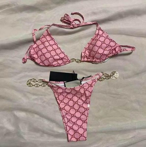 Clássicos Imprimir Carta Bikini Set Designer Duas Peças Biquinis 2024 Halter Sexy Chain Push Up Swimsuit XL Azul Rosa Moda Swimwear Mulheres Biquinis Transporte Rápido