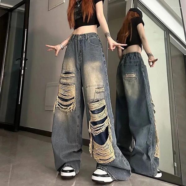 Calças de brim femininas rasgadas para mulheres 2023 verão moda coreana cintura alta namorado gótico baggy calças jeans soltas pantalones