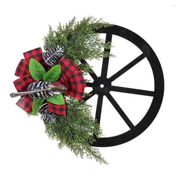 Flores decorativas natal grinalda pingente feriado com bowknot festivo roda de natal xadrez colher pinha decoração