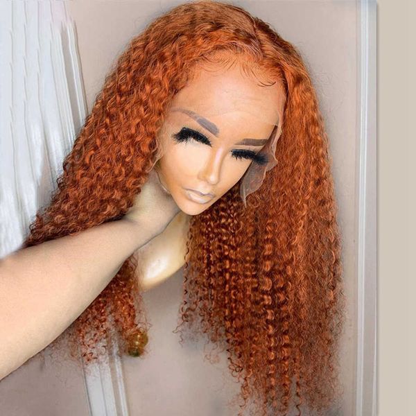 Hair Wigs Ginger Orange 13x4 Frente de renda Deep Curly Human Transparente 180 Densidade 230413