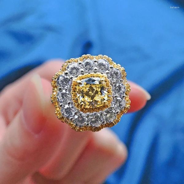Anéis de cluster Primavera Qiaoer 925 prata esterlina 2ct corte radiante citrino diamante para mulheres casamento noivado jóias finas presentes