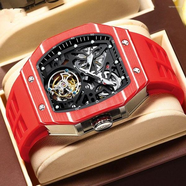 Orologi da polso Orologi scheletrati di lusso Mens AESOP Movimento Tourbillon Orologio Zaffiro Tonneau impermeabile Rettangolo Lunetta Cinturino in caucciù Luminoso