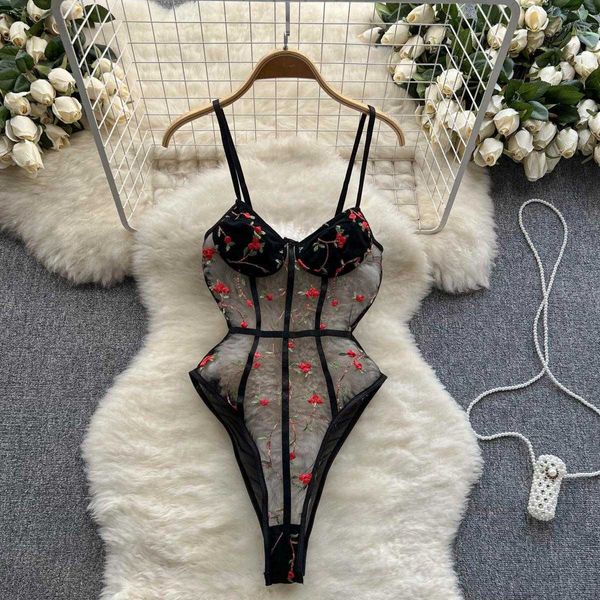 Nxy Frauen Transparente Stickerei Sexy Playsuits Sommer Innen Dessous Schlanke Strampler Schiere Spitze Floral Sensual Bodysuits 230328