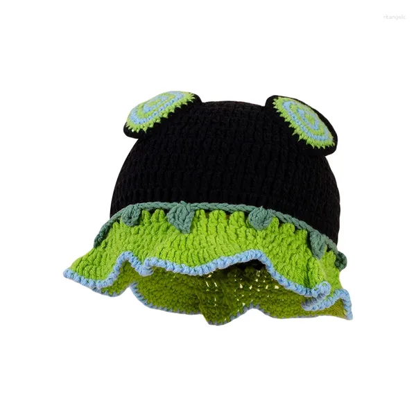Berets Damen Winter Warm Beanie Caps Kontrastfarbe Lustige Häkelstrickmütze Damen Weiche Eimermütze Grün