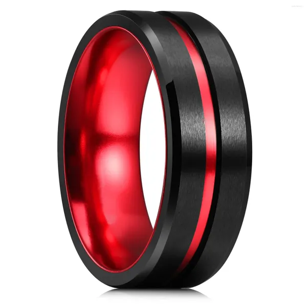 Anéis de casamento moda 8mm titânio aço inoxidável para homens mulheres preto escovado vermelho/verde sulco promessa festa joias