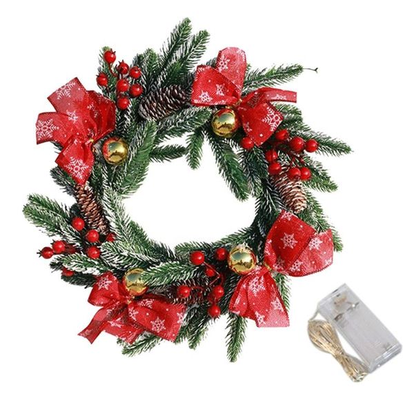 Flores decorativas grinaldas corajas de natal artificiais decoradas com luzes LEDs decoração de sino de bagas vermelhas