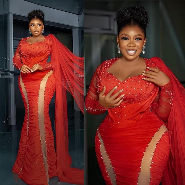 2023 Plus Size Aso Ebi Vestidos de Baile Vermelho Sereia Longa Mangas de Tule Querida Pescoço Africano Nigéria Vestidos de Noite Vestidos Robes de Soiree Frisado Lantejoulas Vestidos