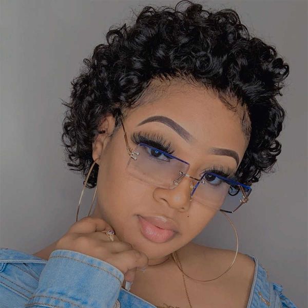 Nxy Hair Wigs Curto Bob Wig Pixie Cut Curly Humano para Mulheres 13x4 Lace Front Transparent Deep Wave Prepenked Hairline 230619