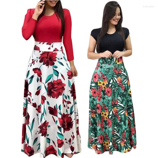 Повседневные платья S Plus Size Женщины Осеннее платье 2023Patchwork Vintage Floral Long O-образное рукав бого вечеринка