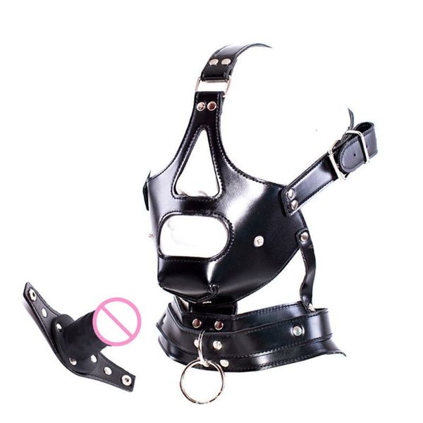 Brinquedos adultos SM SLAVE Roleplay Roleplay Fetish Couro Máscaras de capuz de rosto com pênis Gag BDSM Bondage Head Wrap Hollow Hood Masks