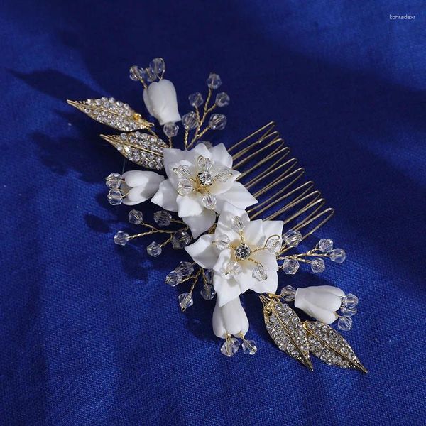 Saç klipsleri gelin küçük tarak parçası porselen çiçek düğün balo aksesuarları el yapımı kadınlar başlık altın renk