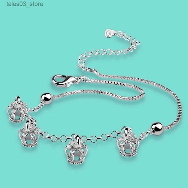 Tornozeleiras finas sexy tornozeleira 925 genuíno prata tornozelo pulseira coroa descalço sandálias pé jóias perna corrente pulsera tobillo para mulheres q231113