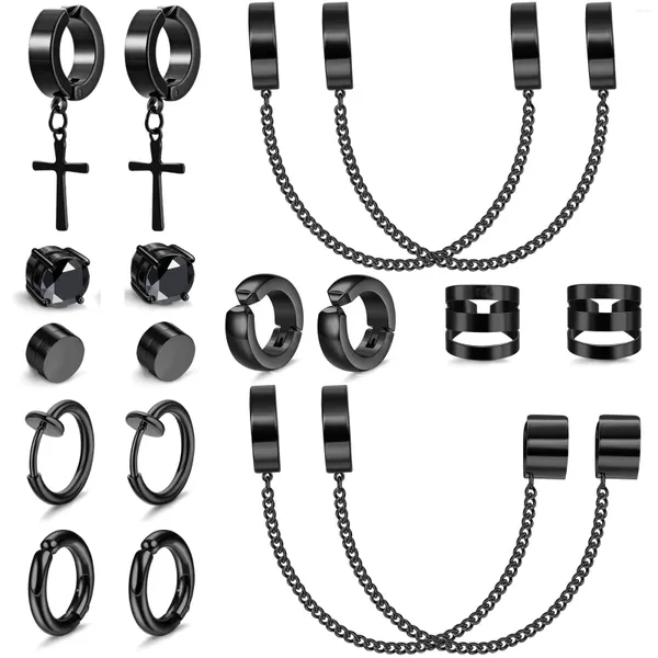 Rückseiten-Ohrringe, 1–9 Paar, schwarze Farbe, 316L-Edelstahl, nicht durchdringend, zum Anklipsen, Kreuzkette, baumelnder Reifen, CZ-Magnet-Ohrstecker-Set