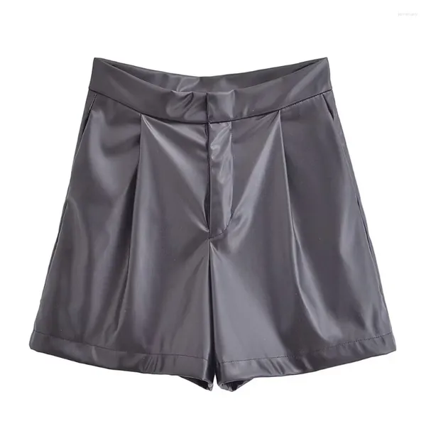 Damen-Shorts im Herbst- und Winterstil, schwarz, kleine Plissee, modische Pu-Stiefelhose, lässig, Kunstleder, hohe Taille 5427515