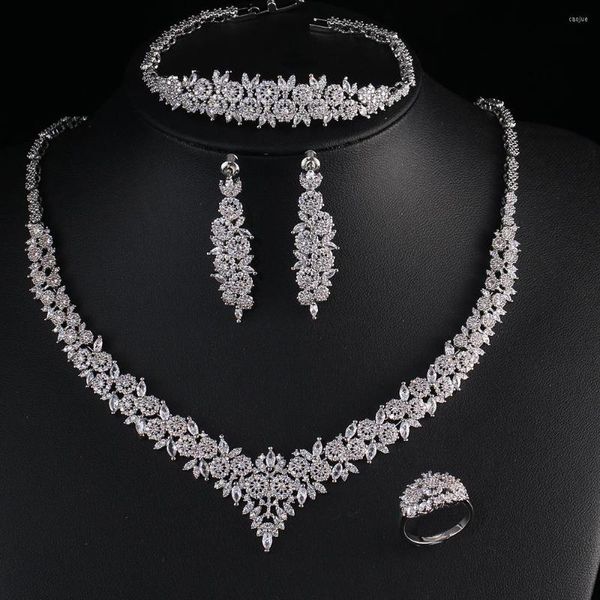 Halskette Ohrringe Set 2023 Zirkone Luxus Weiß CZ Frauen Hochzeit Kostüm Schmuck 4 Stück African Dubai Brautparty