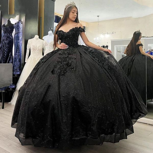 Quinceanera vestidos Flores de princesas Apliques preto lantejoulas Vestido de bola de coração com tule plus size sweet 16 estreante festa de estreia Vestidos de 15 Anos 88