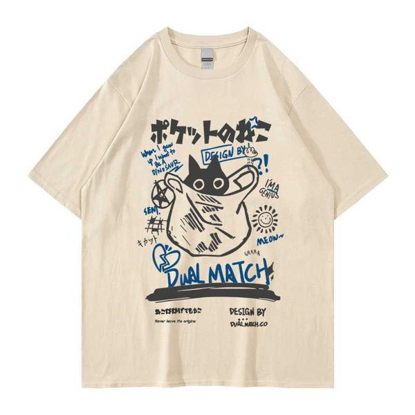 Erkek Tişörtler Hip Hop T-Shirt Erkekler Sokak Giyim Japon Kanji Komik Kedi Baskı Tişört 2022 Erkek Harajuku Pamuk Günlük Kısa Kollu Tshirt Üstler AA230412