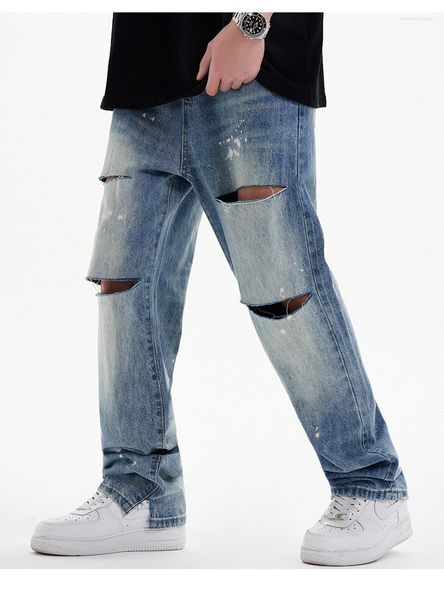 Herren-Jeans-Mann-Hosen-Bein-Schneideprozess, gerader Zylinder, einfach, vielseitig, Persönlichkeit, Trend, Hip-Hop, blaue Reise, zerrissene lange Hose