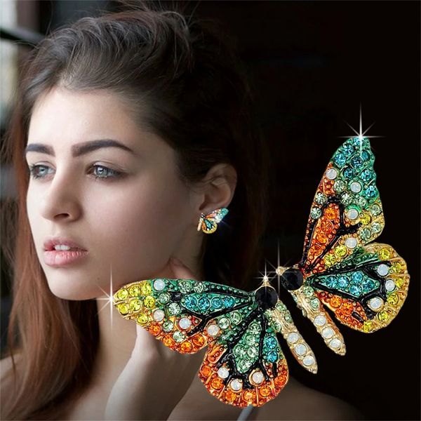 Ciondola il lampadario Retro lucido strass farfalla orecchino a bottone colorato cristallo verde insetto orecchini a bottone per le donne ragazze gioielli di fascino