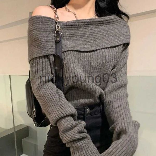 Kadın Sweaters High Street Seksi Kapalı Omuz Gri Sweaters Sonbahar Yeni Kalınlı Sıcak Üstler Kadınlar Y2K Grunge Uzun Kollu Örme Külkü J231113