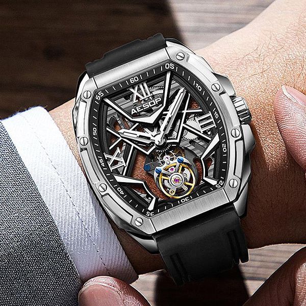 Armbanduhren Aesop Flying Tourbillon Uhren für Herren doppelseitig geschnitzt voll ausgehöhlt super leuchtender Saphir mechanisch 7059