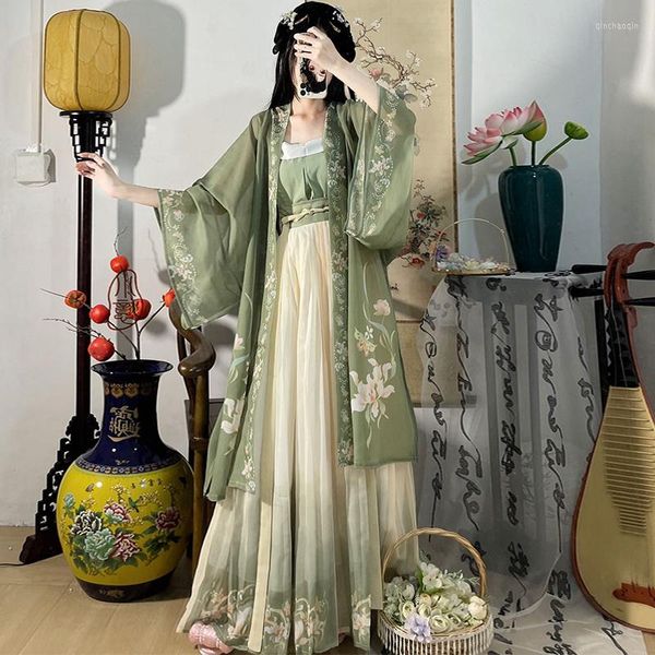 Abbigliamento da palestra Abito Hanfu cinese 3 pezzi Set di tè verde Maxi Ancient Women Costume da ricamo per le riprese di laurea