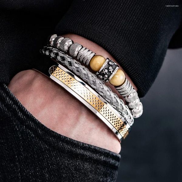 Charme pulseiras na moda clássico em aço inoxidável para homens crânio multicamadas vintage trançado corrente de metal atacado