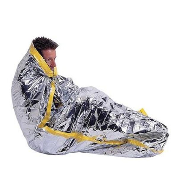 Manta de protección solar de emergencia impermeable portátil Favor de fiesta Papel de plata Supervivencia para acampar Cálido al aire libre Adultos Niños Saco de dormir Reutilizable