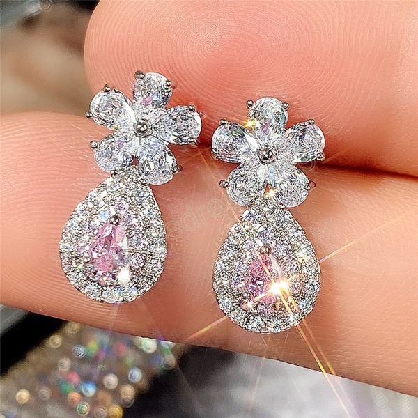 Moda creativa piccolo fiore dolce goccia d'acqua ciondola gioielli orecchini bellissimi orecchini con diamante rosa AAA Gril