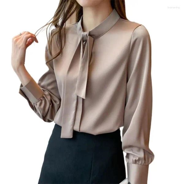 Camicette da donna 2023 Autunno Manica lunga Camicetta in raso Camicia di alta qualità Donna Solid Blusas Mujer De Moda Arco Colletto alla coreana Office Lady