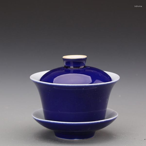 Schalen Jingdezhen Kulturrevolution Fabrikwaren Shanghai Museum Blue Glaze Horse Huf Reis Cup Cover Bowl Manual Commemorative