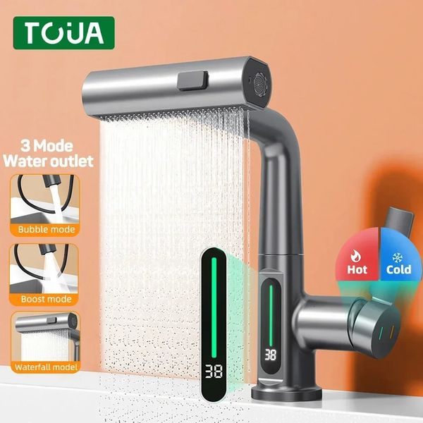 Rubinetti da cucina Rubinetto per lavabo a cascata con display digitale della temperatura Spruzzatore estraibile Rubinetto per acqua fredda Miscelatore Bagno 231113