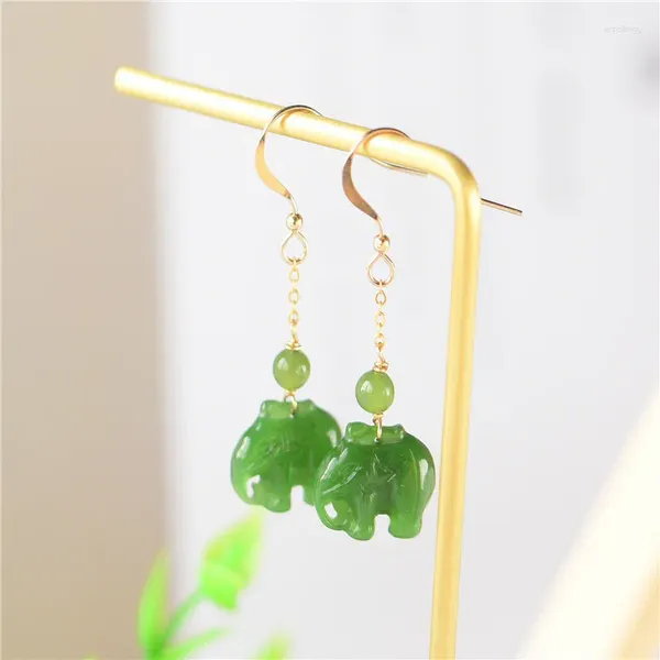 Brincos pendurados joias da moda atacado jade natural elefante orelha gancho brinco banhado a ouro uma substituição de importações