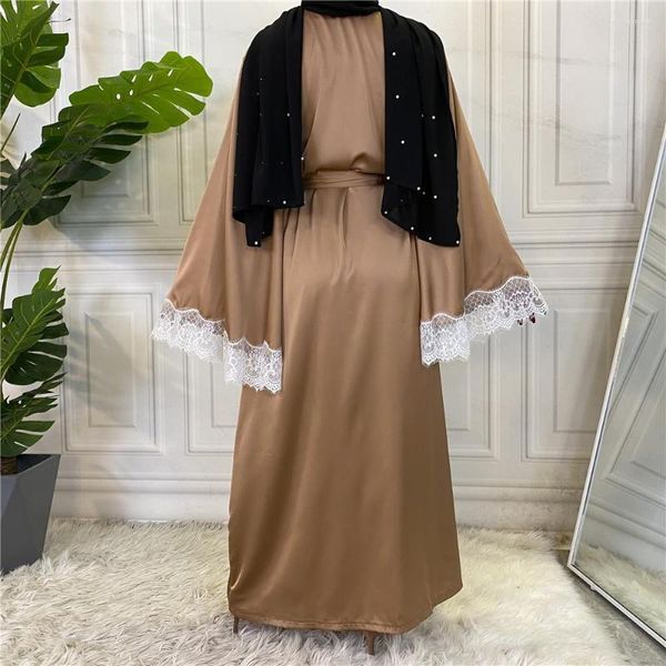 Abbigliamento etnico Satin Feel Fashion Open Abaya Kimono per donna Summer Lace Trim Tie Waist Cardigan Musulmano islamico Dubai Turchia Abbigliamento