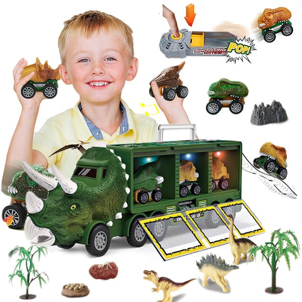 Diecast Model Car Dinosaur Transport Toy Truck Ответ автомобили Dino Container Storage Model Music Music Kids Boys Kids Birthday Gift 230412
