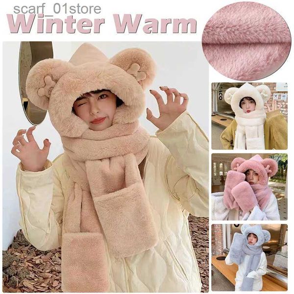 Cappelli Sciarpe Set Simpatico orso Cappello Gs Sciarpa Abito in tre pezzi Donna Moda addensato Peluche Sciarpe calde Set Autunno e inverno per bambino FemminaL231113