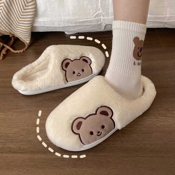 Pantofole Pantofole di pelliccia da donna Nuovo arrivo Cartoon Bear Slides Pantofole di peluche invernali antiscivolo Camera da letto al coperto Scarpe calde per donna maschio Y23