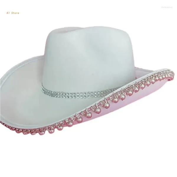 Ampla borda chapéus mulher chapéu branco rosa elegante cowgirl noiva festa de casamento à prova de sol